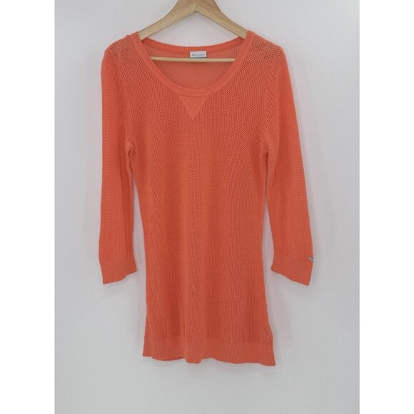 Columbia Open Knit Coral Orange 3/4 Sleeve Pullover Cotton Shirt Tunic L Beach - Picture 1 of 10